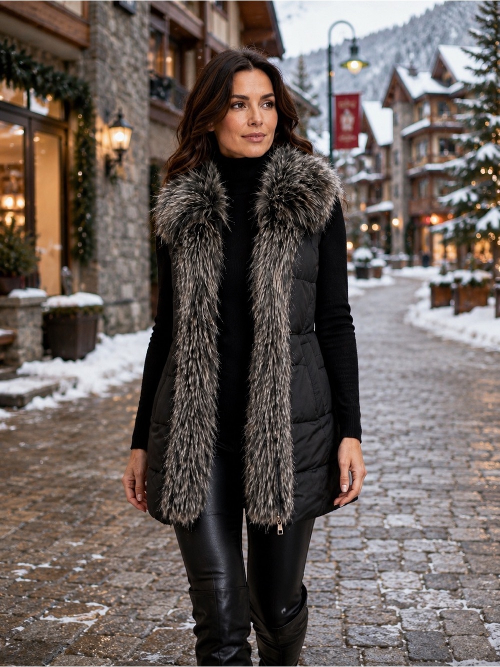 Parkhurst Women’s M Black Faux Fur Trim Quilted Long Puffer Vest